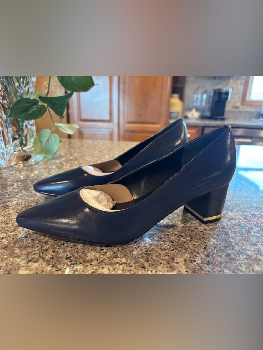 Calvin Klein Navy Pointed Toe Block Heel Pumps with Gold Trim
